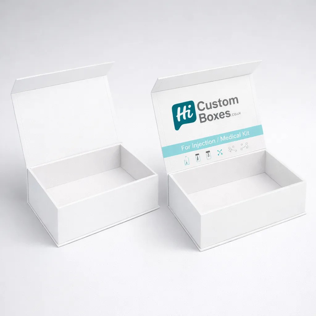 Premium hinged lid custom injection boxes designed for medical kits with interior lid branding. class=